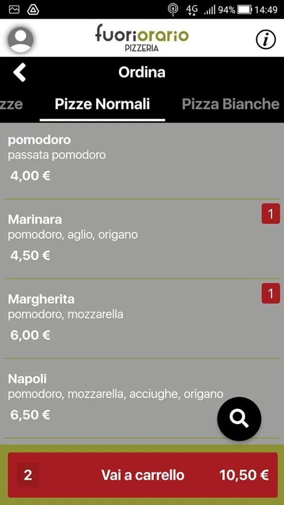 APP Fuori Orario Pizzeria - Carrello